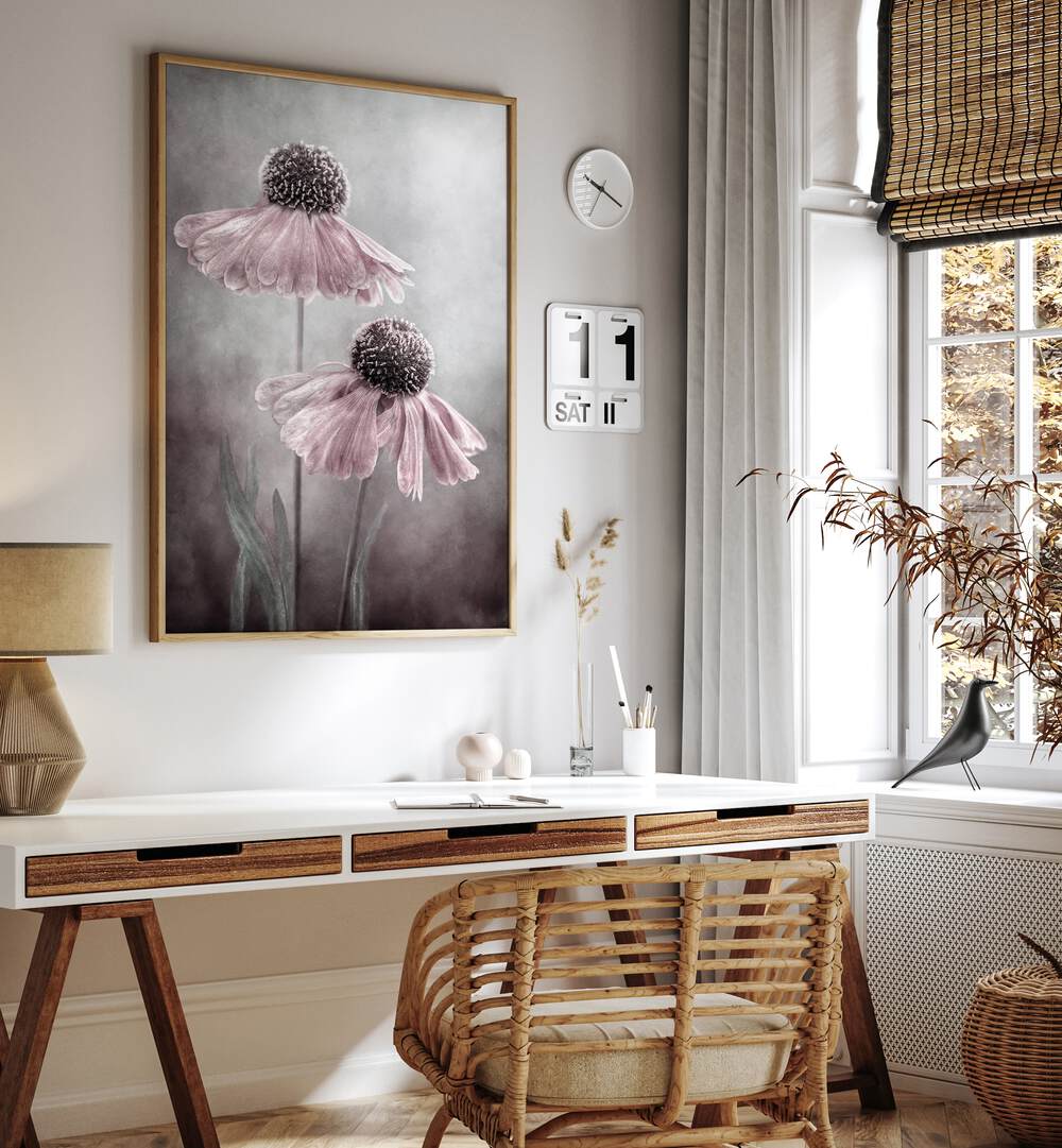 Elegant DUET, FLORAL FLOWER PAINTINGS adorn a stylish workspace, blending artistry and functionality beautifully.