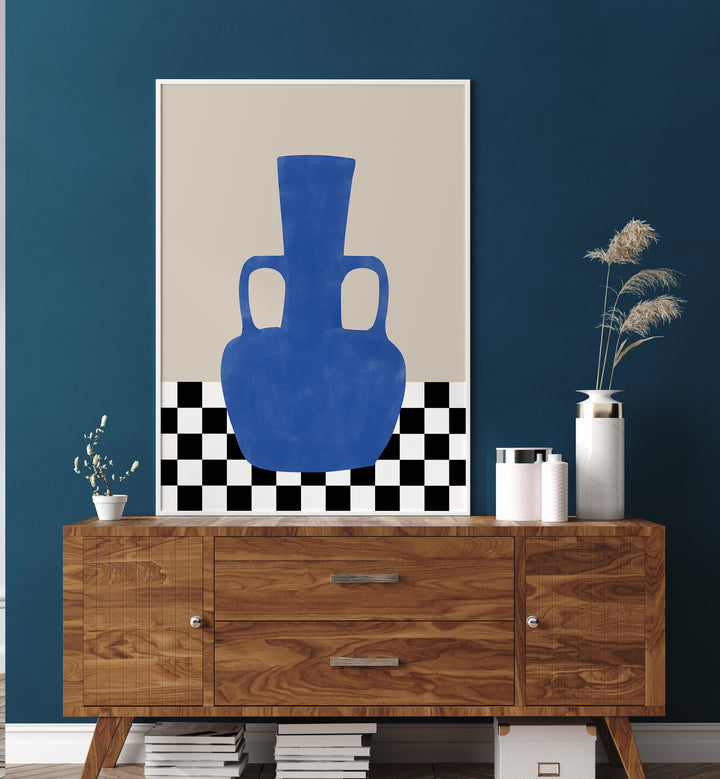 Stunning BLUE STILL LIFE, BOHO ART PAINTINGS by Elena Ristova, featuring a blue vase against a modern backdrop.