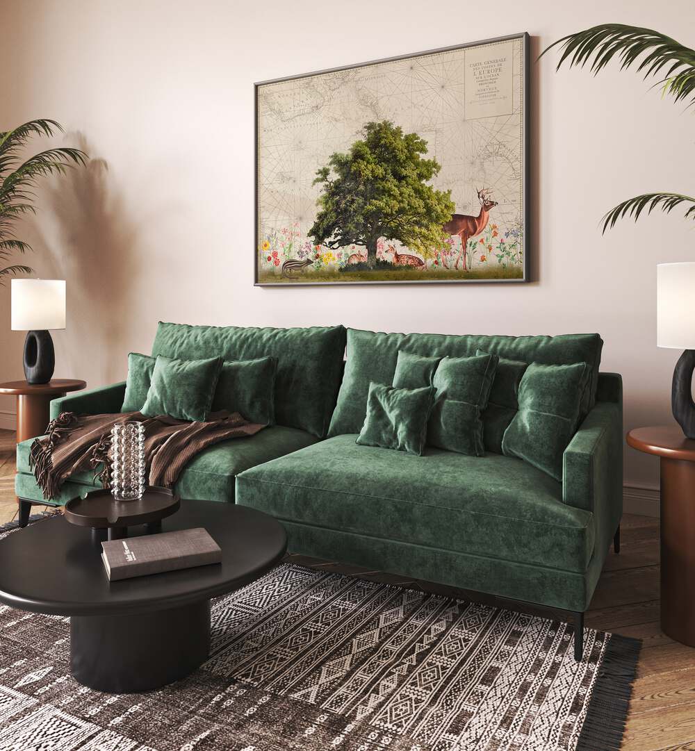 Stunning NORDIC WOODS II, ANIMAL PAINTINGS by Andrea Haase adorns a cozy living room, enhancing its natural charm.