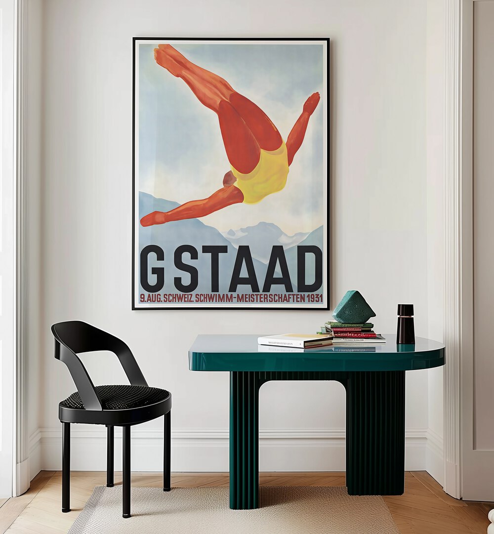 GSTAAD I, VINTAGE TRAVEL POSTERS adorn a stylish room, highlighting classic charm and the beauty of Gstaad.