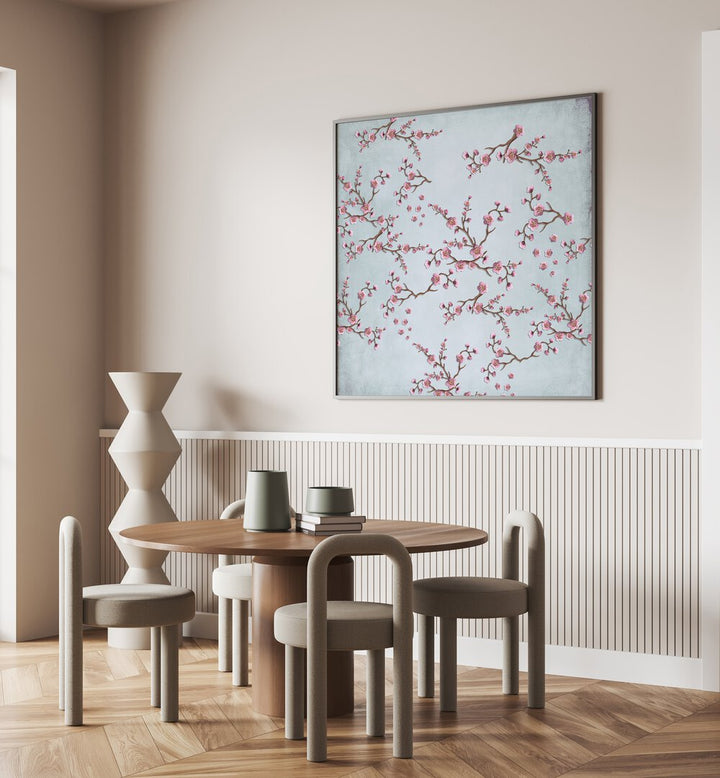 Stunning CHERRY BLOSSOM PINK FLOWERS, FLORAL FLOWER PAINTINGS adorn a chic dining space, enhancing elegance and charm.