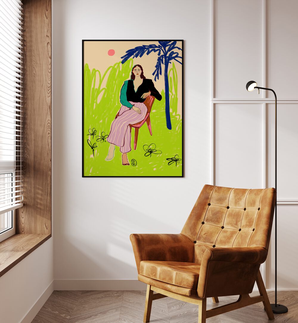 Brightly colored art print featuring a relaxed woman, vibrant and perfect for uplifting any living space.