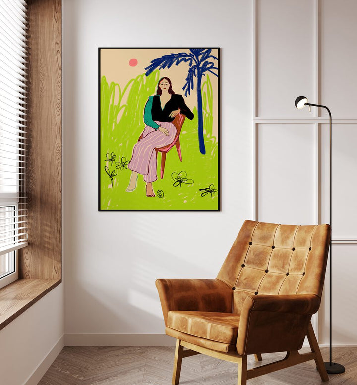 Brightly colored art print featuring a relaxed woman, vibrant and perfect for uplifting any living space.