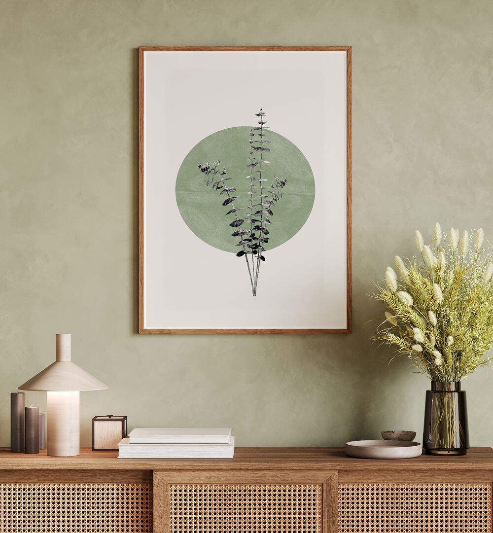 EUCALYPTUS AND GREEN MOON, FLORAL FLOWER PAINTINGS enhance your space with modern tranquility and artistic elegance.