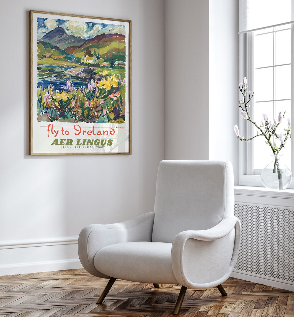 Stylish FLY TO IRELAND, VINTAGE TRAVEL POSTERS in a cozy setting, showcasing Ireland’s beautiful landscapes.
