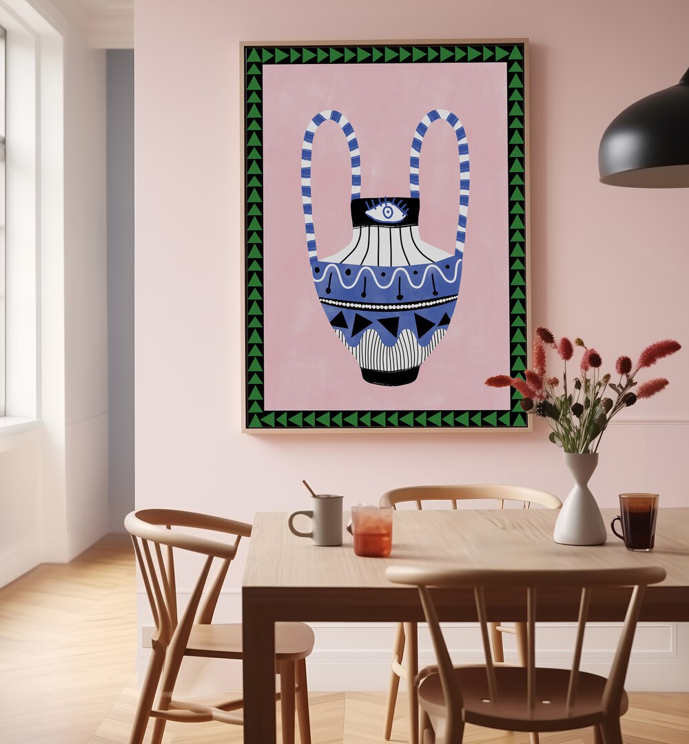 Stylish EVIL EYE VASE and FLORAL FLOWER PAINTINGS enhance your space with charm and protection by Elena Ristova.