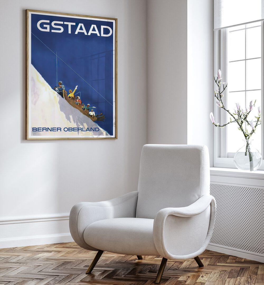 GSTAAD III, VINTAGE TRAVEL POSTERS adorn a stylish space, showcasing the charm of Gstaad, Switzerland.