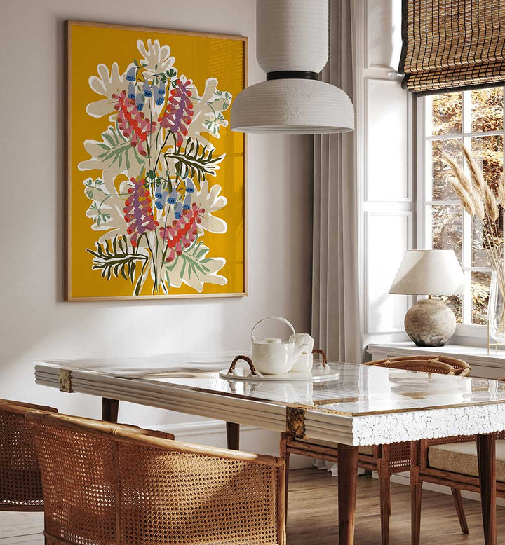 Bright yellow wall art featuring FOXGLOVE DÉCOUPE PAPIER, FLORAL FLOWER PAINTINGS, perfect for vibrant home decor.