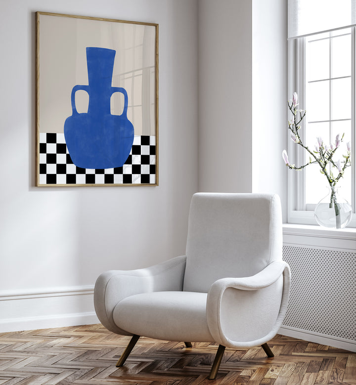 Blue still life featuring a bold vase and checkered design, ideal for boho art paintings lovers. Perfect for modern decor.