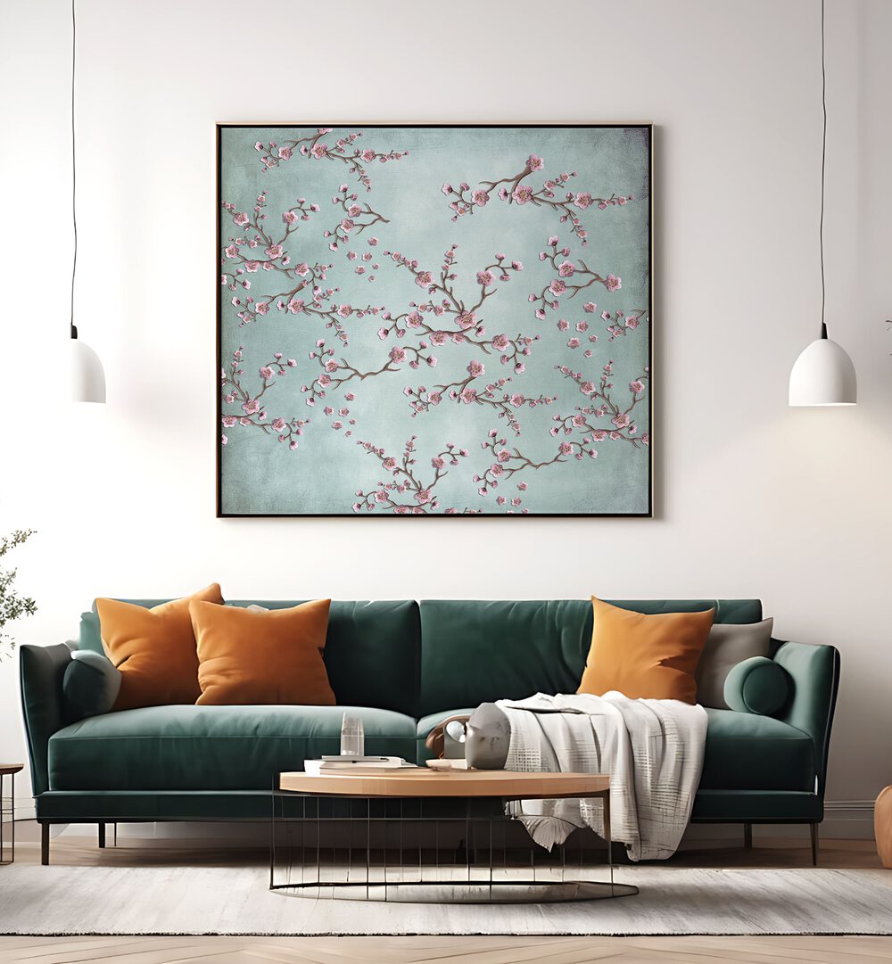 Elegant CHERRY BLOSSOMS II, FLORAL FLOWER PAINTINGS brightening a modern living space with stunning floral artistry.