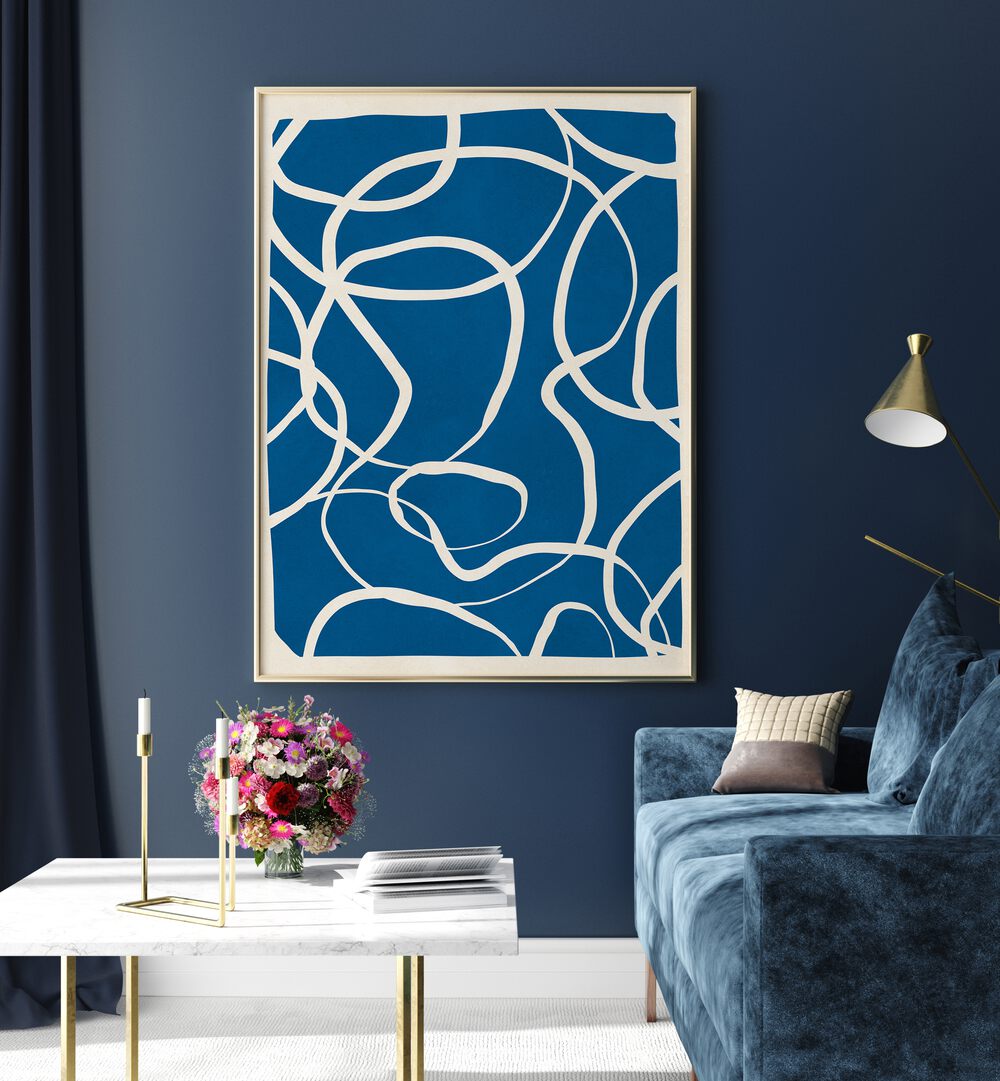 Bright blue wall art featuring expressive lines, perfect for enhancing creativity in any space. EXPRESSIVE LINES IX, ABSTRACT PAINTINGS.