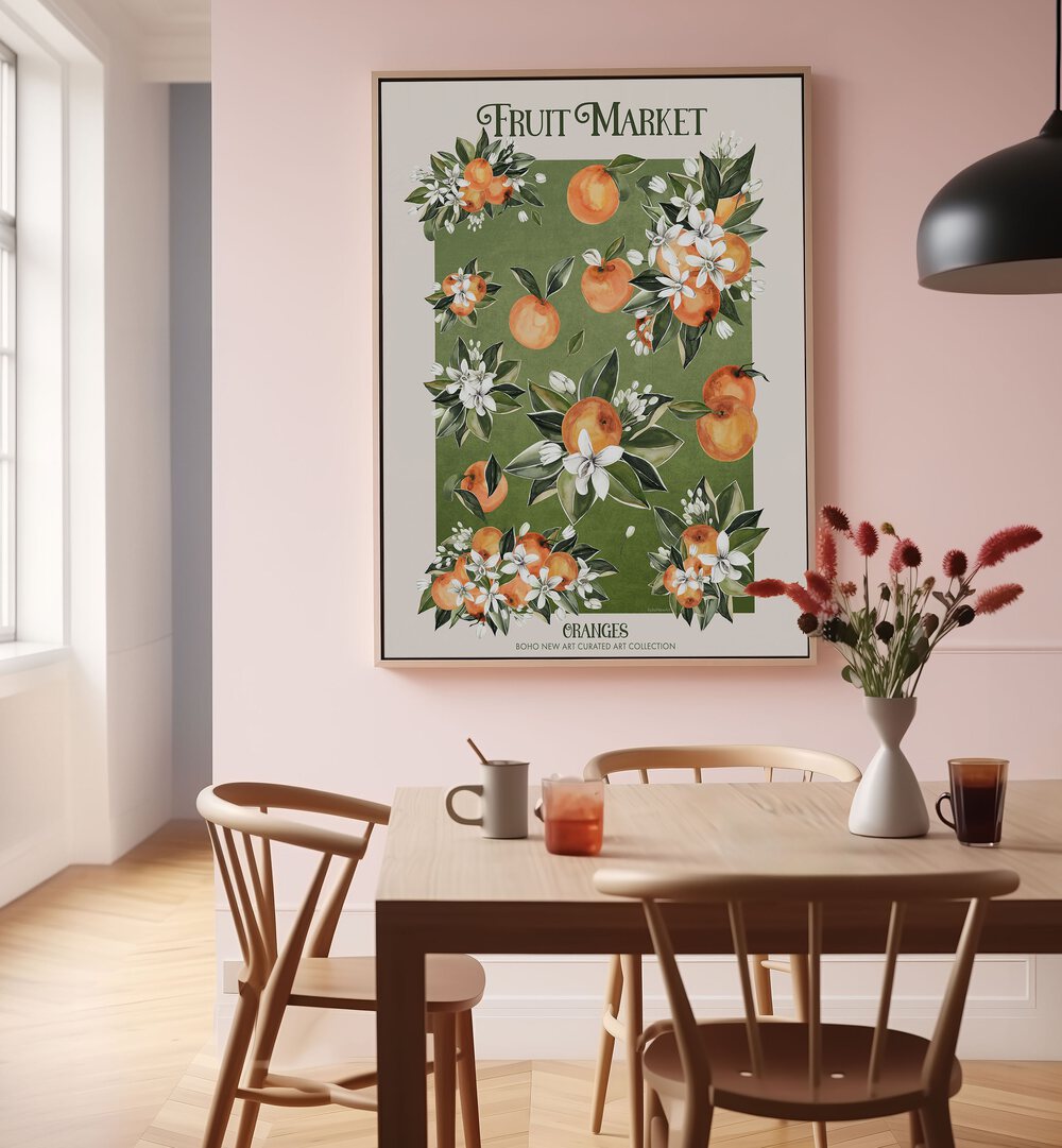 Vibrant FRUIT MARKET ORANGES and FLORAL FLOWER PAINTINGS by Emel Tunaboylu brighten any space with artistic charm.