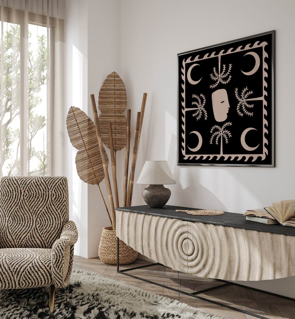 Stylish living room featuring CELESTIAL I, BOHO ART PAINTINGS, enhancing elegance with modern decor elements.