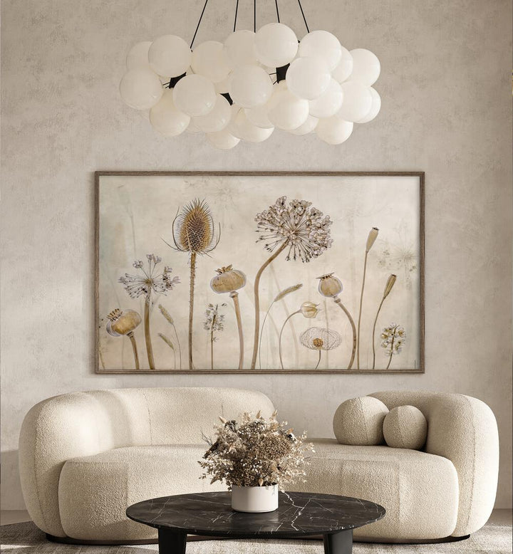 Elegant GROWING OLD, FLORAL FLOWER PAINTINGS adorn a modern living space, celebrating the beauty of aging.