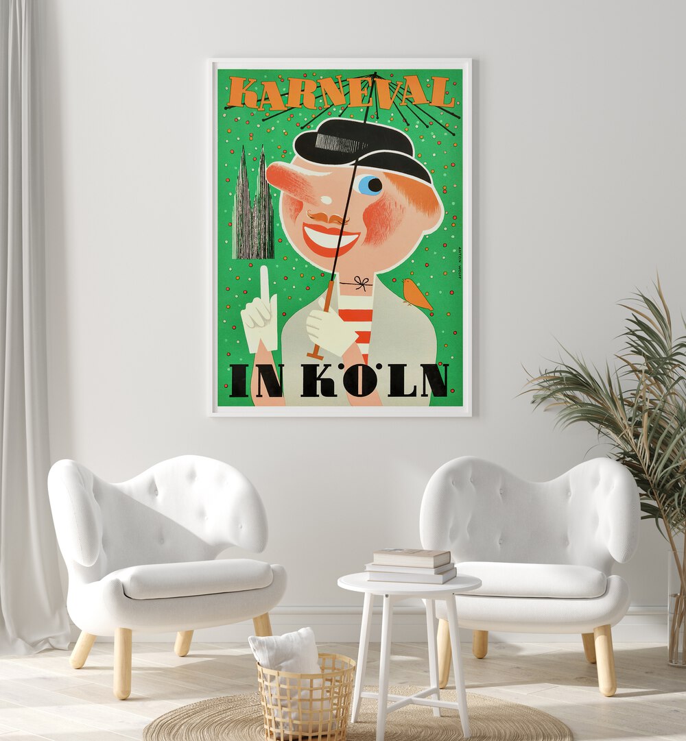 Bright KARNEVAL, VINTAGE TRAVEL POSTERS featuring a cheerful character in Cologne, perfect for enhancing your decor.
