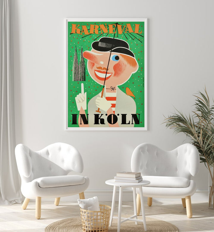 Bright KARNEVAL, VINTAGE TRAVEL POSTERS featuring a cheerful character in Cologne, perfect for enhancing your decor.