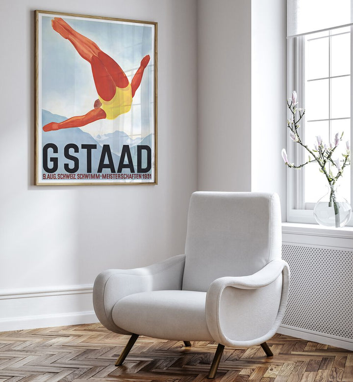 GSTAAD I, VINTAGE TRAVEL POSTERS adorn a stylish room, blending nostalgia with elegance for art lovers.