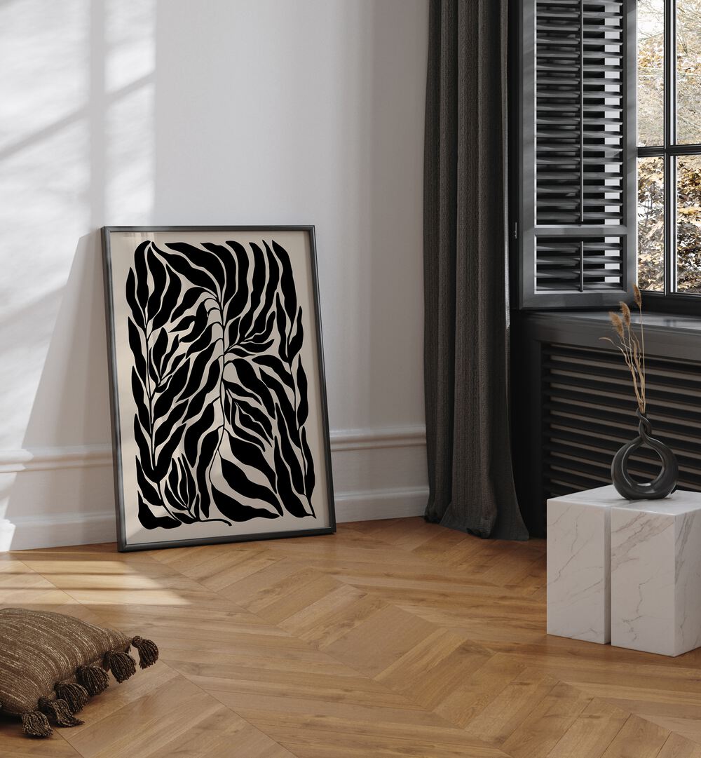 Stunning BLACK LEAVES, FLORAL FLOWER PAINTINGS by Elena Ristova, showcasing elegant botanical art in modern decor.