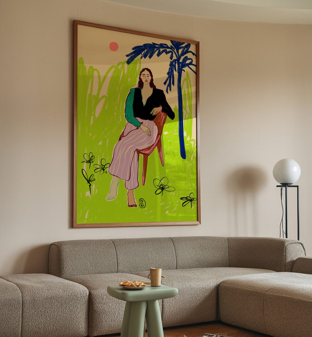 Bright and inviting, the RELAXED WOMAN, VIBRANT art print adds a lively touch to any living space.