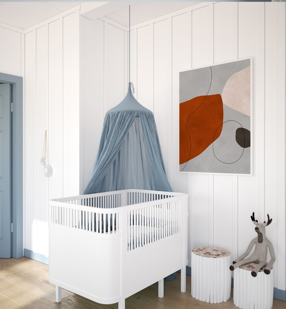 Stylish nursery featuring EXPRESSIVE FORMS IV, ABSTRACT PAINTINGS, enhancing creativity and artistic inspiration.