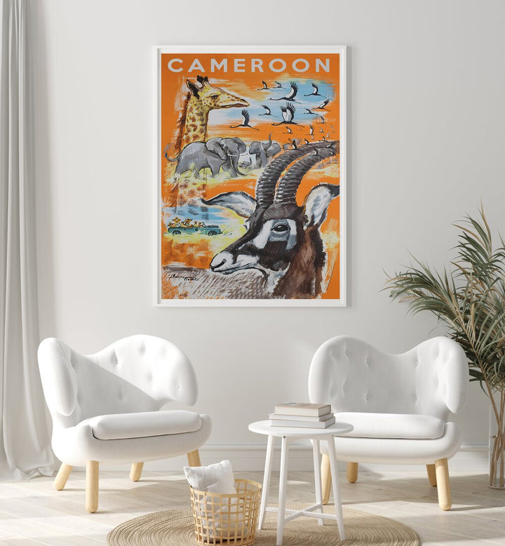 Colorful CAMEROON, VINTAGE TRAVEL POSTERS showcasing wildlife and landscapes, perfect for home décor.