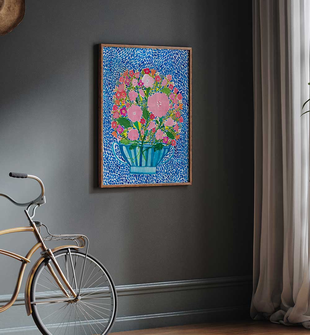 ROSES IN A BLUE VASE , FLORAL FLOWER PAINTINGS