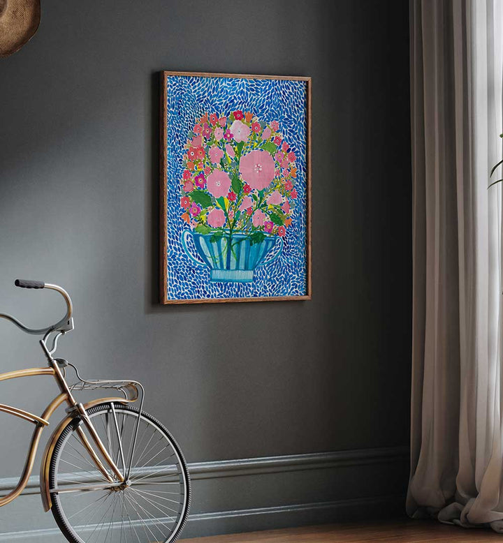 ROSES IN A BLUE VASE , FLORAL FLOWER PAINTINGS