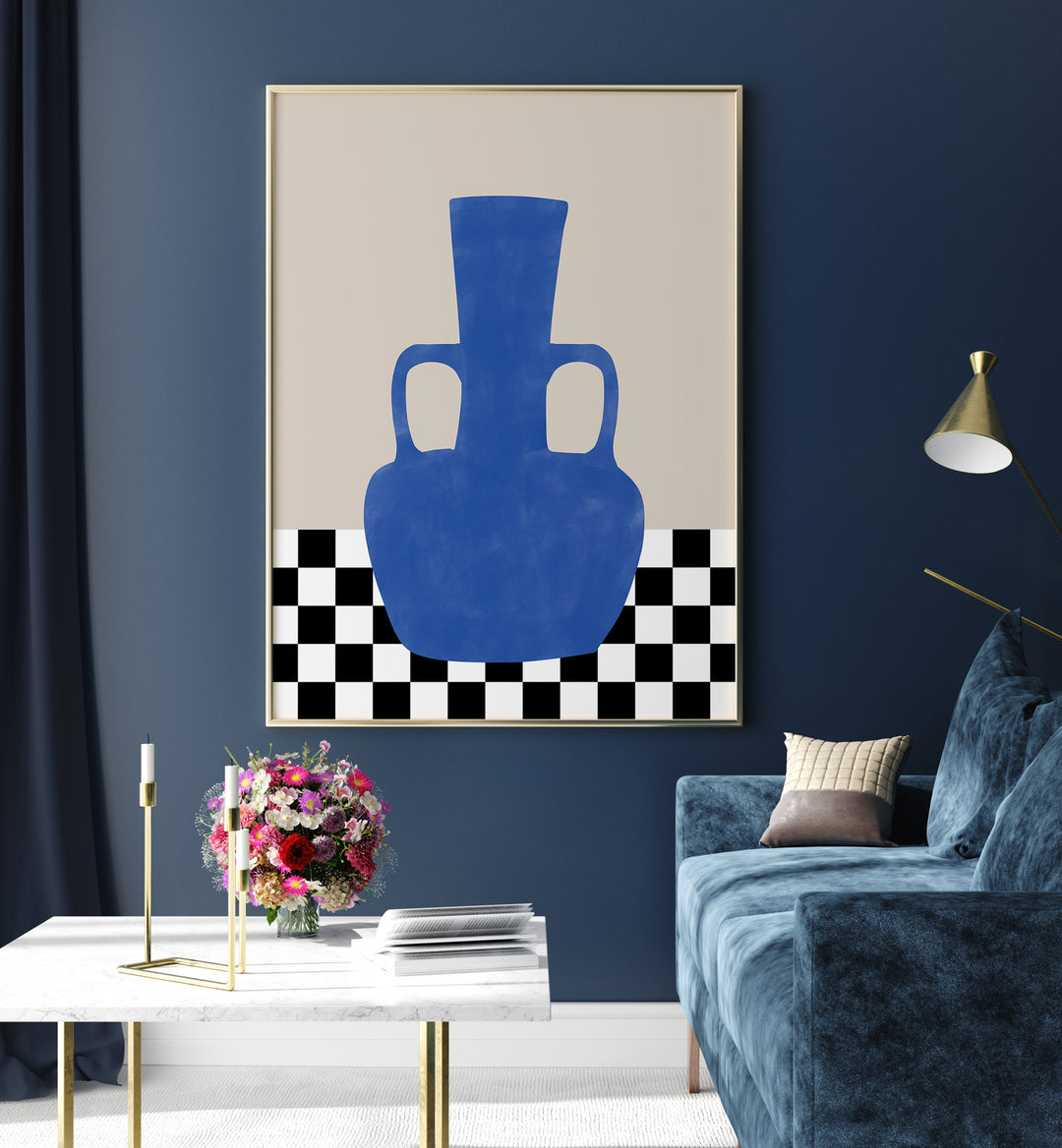 Stunning BLUE STILL LIFE, BOHO ART PAINTINGS by Elena Ristova, featuring a blue vase against a chic black and white backdrop.