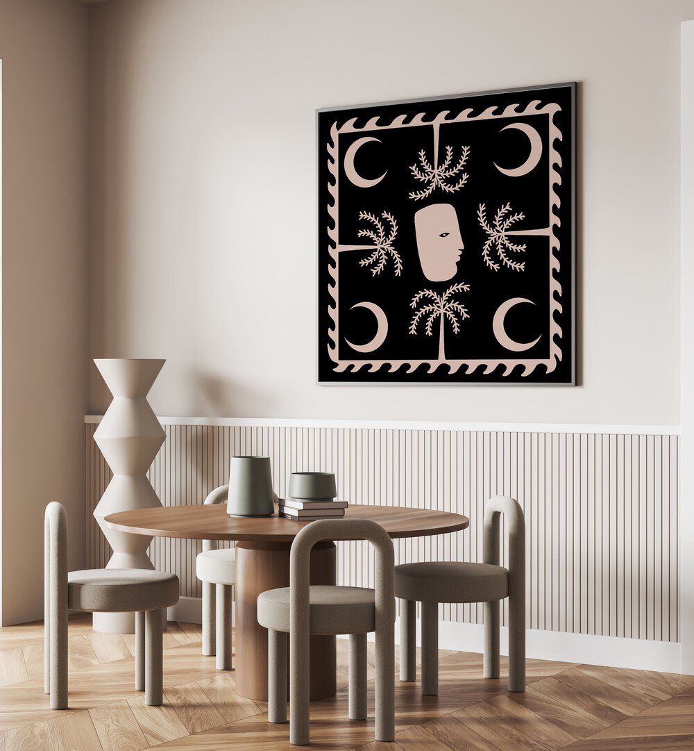 Stunning CELESTIAL I, BOHO ART PAINTINGS displayed in a modern dining area, enhancing elegance and style.