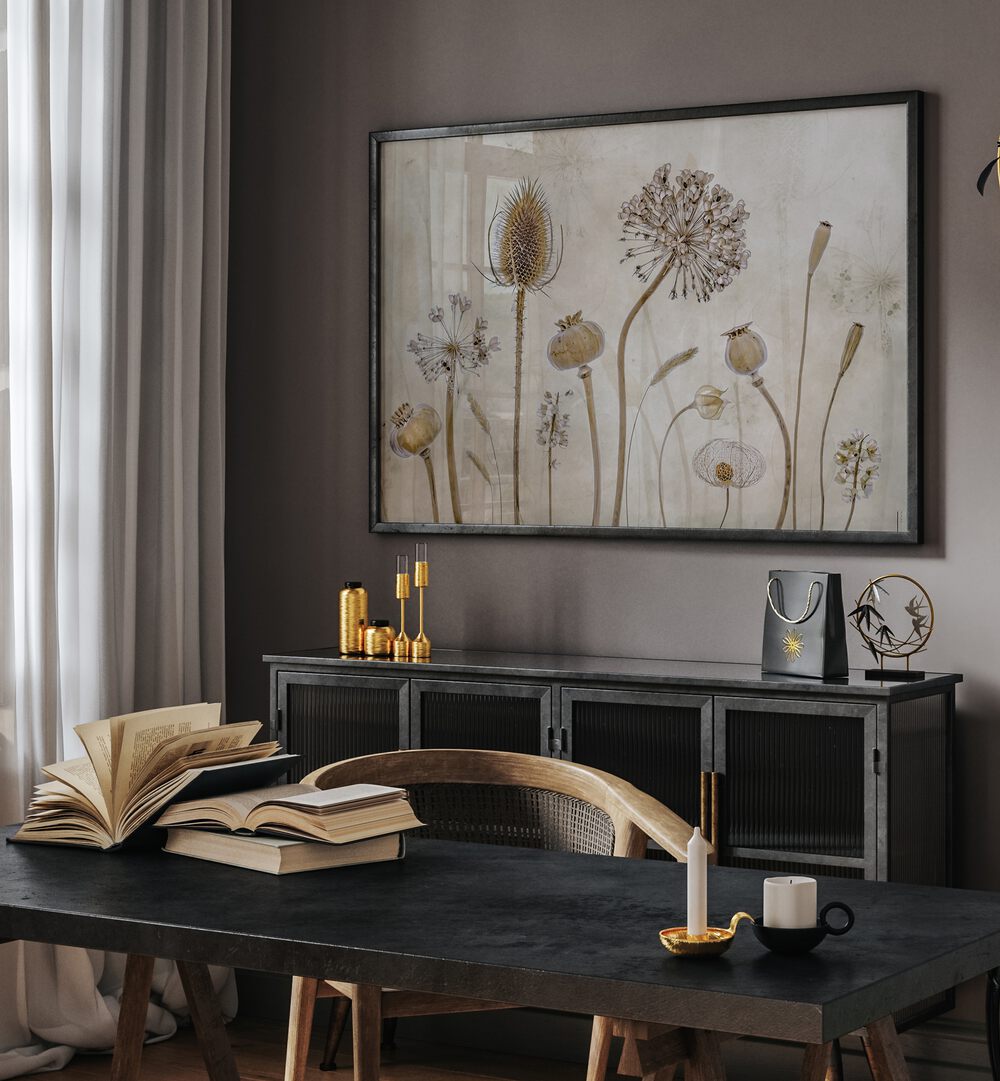 Elegant GROWING OLD, FLORAL FLOWER PAINTINGS adorn a stylish workspace, celebrating the beauty of aging and life's intricacies.