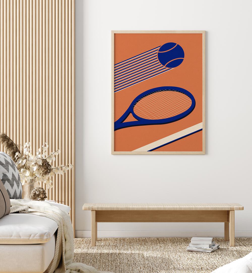 Retro design featuring a tennis racket and ball, perfect for TENNIS 80'S, SPORTS POSTERS lovers and enthusiasts.