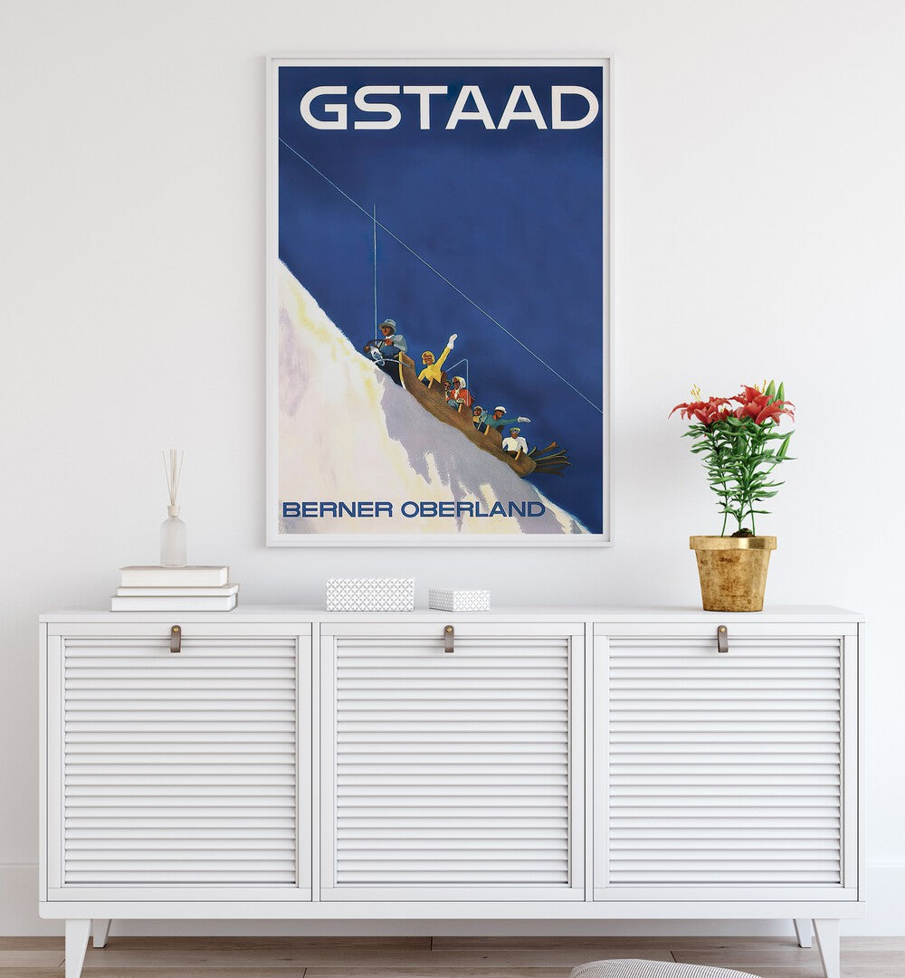 GSTAAD III Vintage Travel Posters brighten any room with captivating alpine art, showcasing the charm of Gstaad, Switzerland.