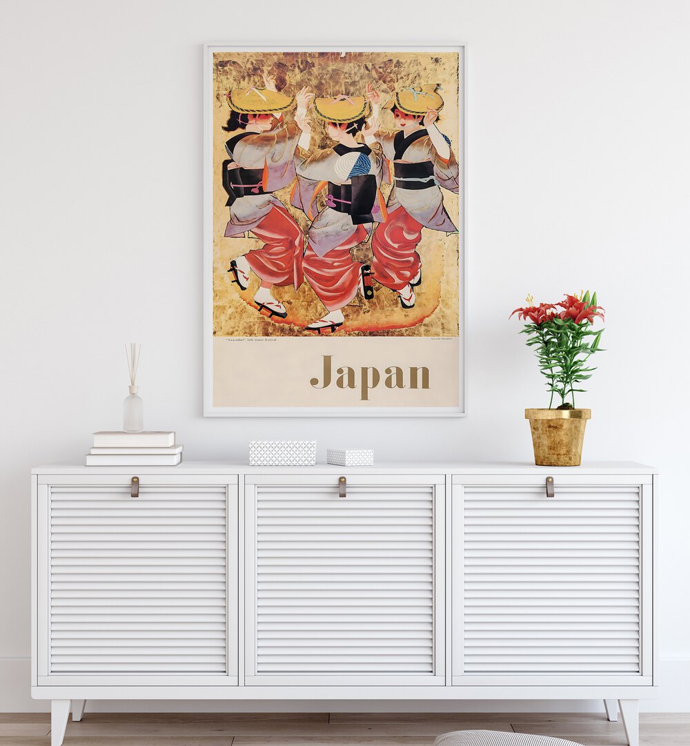 Elegant JAPAN, VINTAGE TRAVEL POSTERS showcasing traditional dancers, perfect for art lovers and travel enthusiasts.