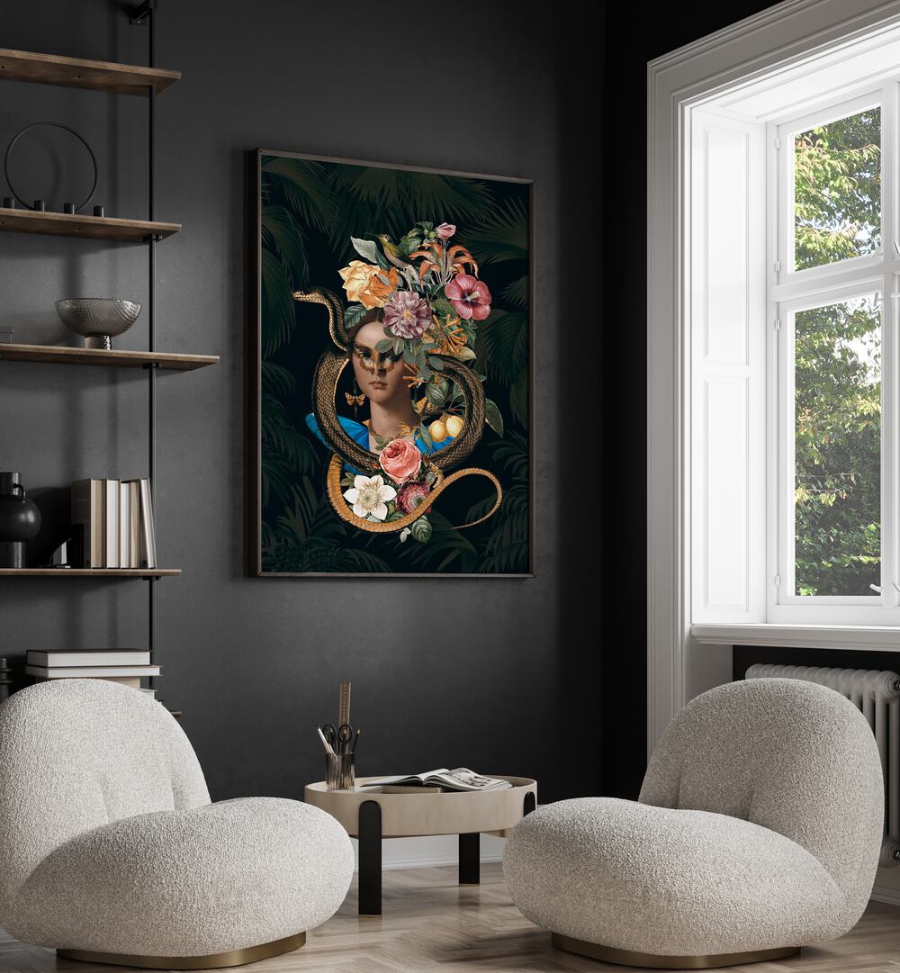 Captivating "SNAKE PRINCESS, ALTERED ART PRINTS" by Andrea Haase, blending fantasy and elegance in stunning decor.