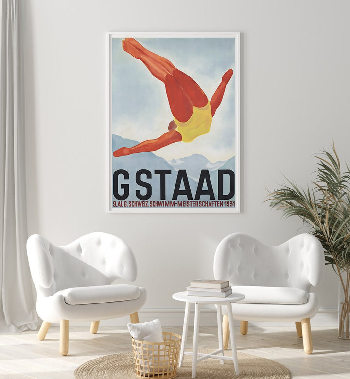GSTAAD I, VINTAGE TRAVEL POSTERS showcase a swimmer diving, adding classic charm to any decor. Perfect for art lovers.