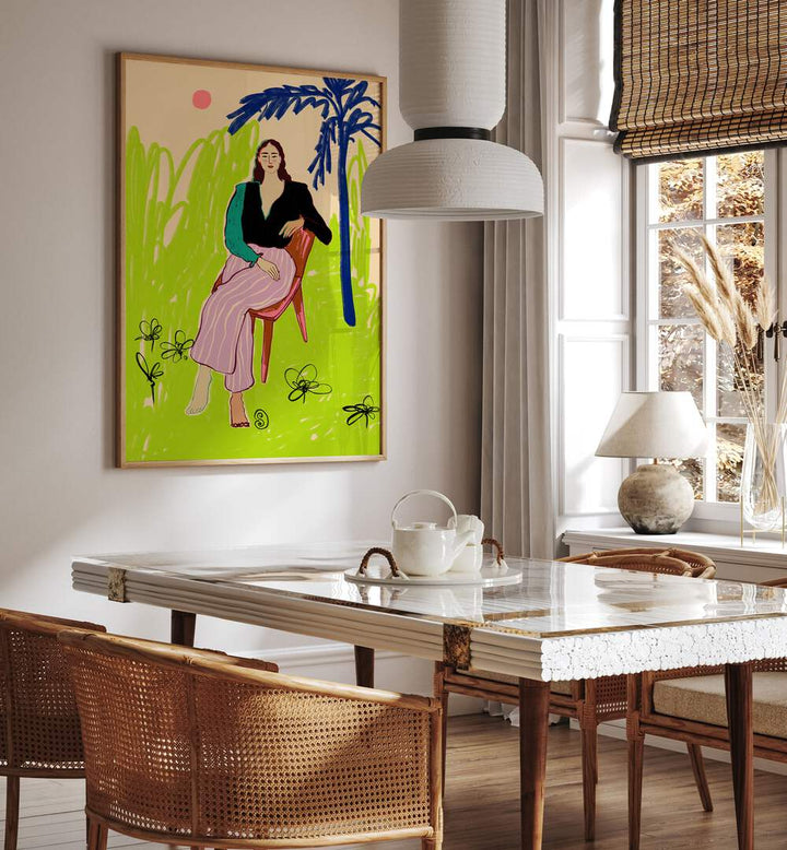 Vibrant art print featuring a relaxed woman, perfect to enhance your living space with positivity and color.