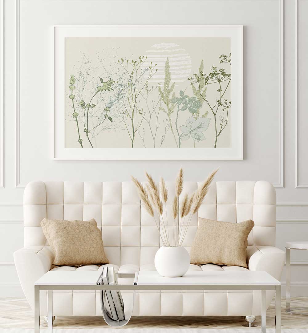 Serene living room featuring PLANT CALMING, FLORAL FLOWER PAINTINGS, perfect for enhancing tranquility in any space.