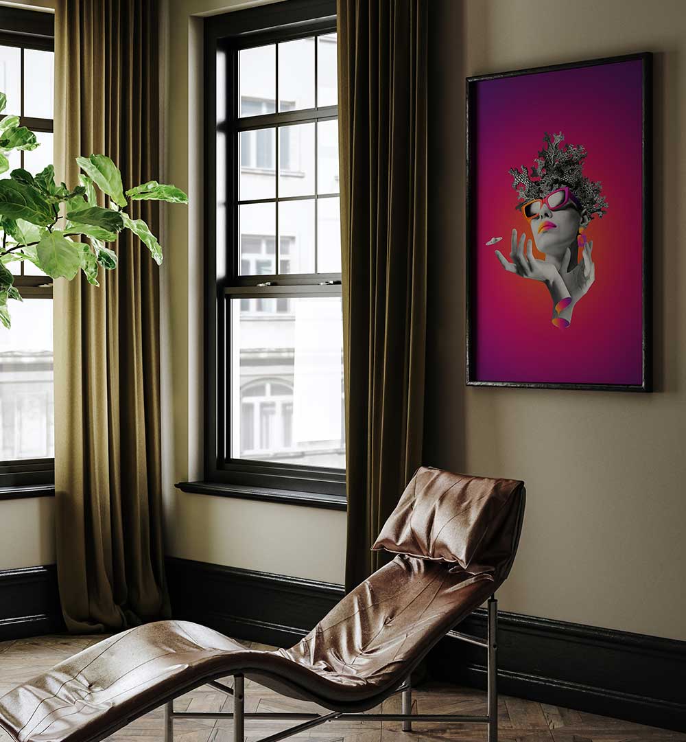 Surreal art print "LADY ON PINK" featuring a stylish woman in vibrant colors, perfect for modern decor.