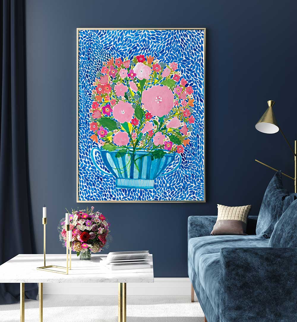 ROSES IN A BLUE VASE , FLORAL FLOWER PAINTINGS