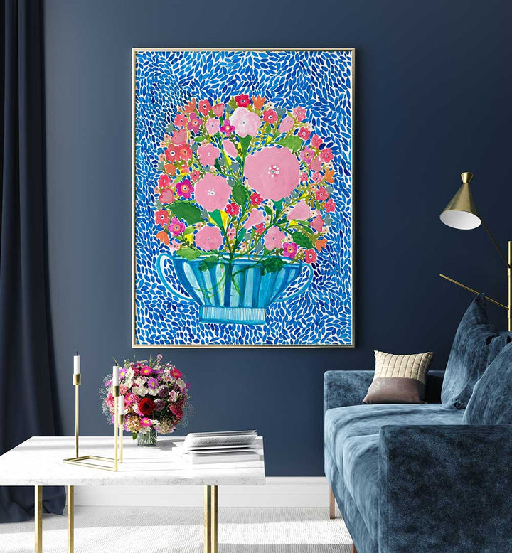 ROSES IN A BLUE VASE , FLORAL FLOWER PAINTINGS