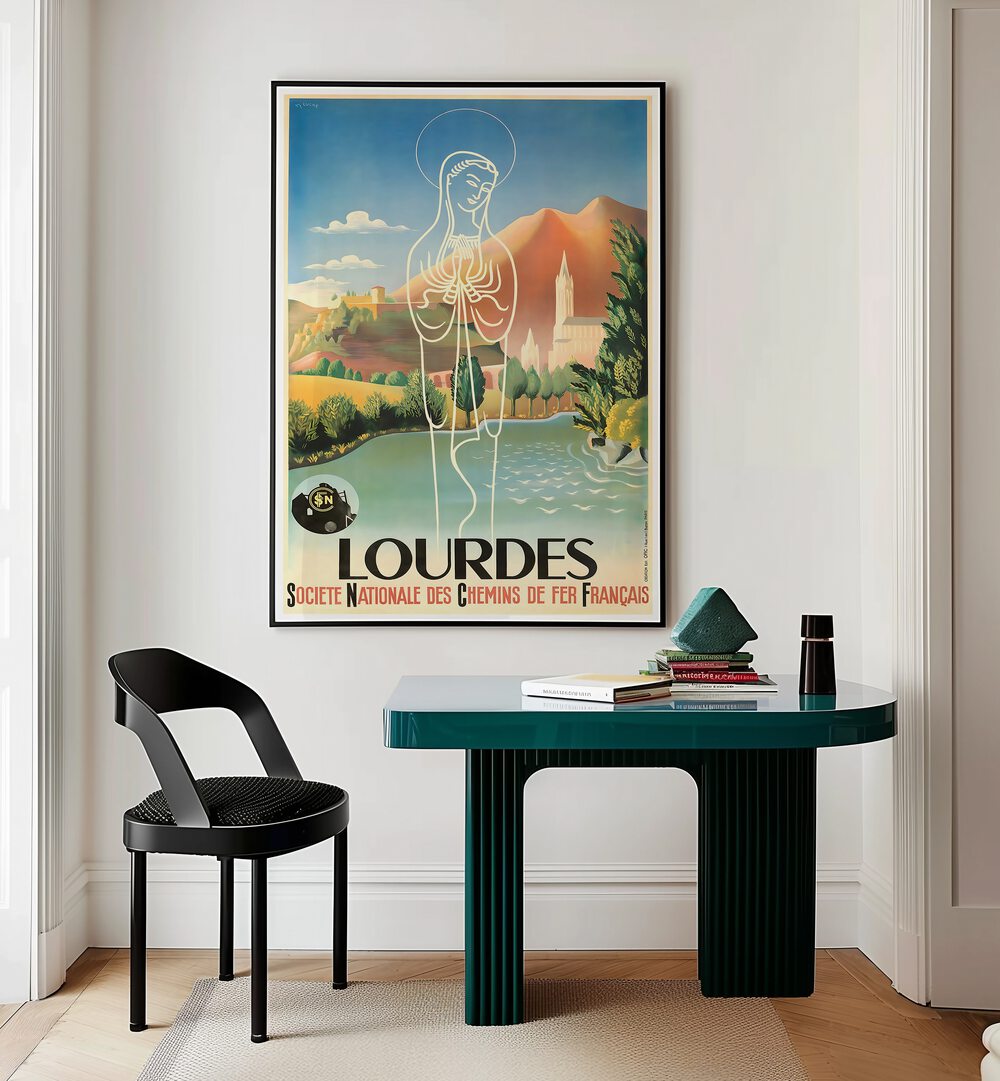 Elegant LOURDES, VINTAGE TRAVEL POSTERS adorn a modern space, blending nostalgia and artistry for collectors.