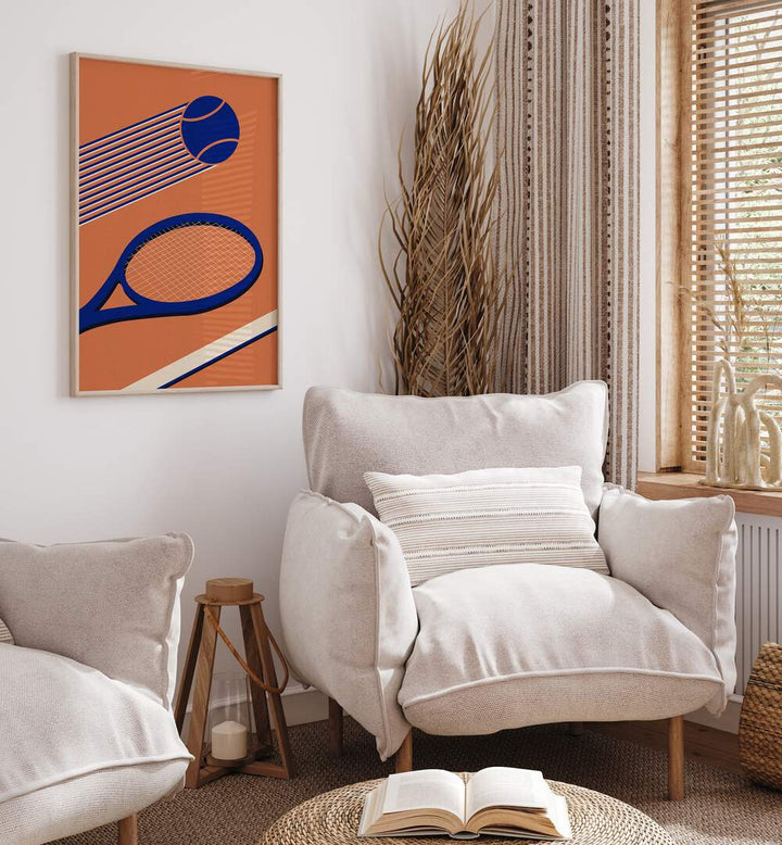 Vibrant TENNIS 80'S , SPORTS POSTERS decorates a cozy living space, perfect for tennis enthusiasts and retro lovers.