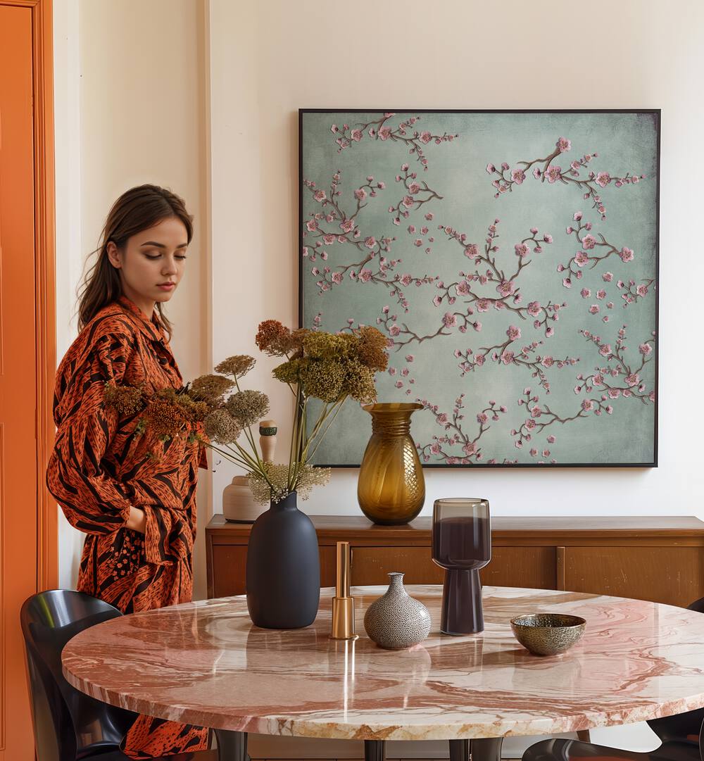 Elegant display of CHERRY BLOSSOMS II, FLORAL FLOWER PAINTINGS, enhancing a stylish interior with blooming beauty.