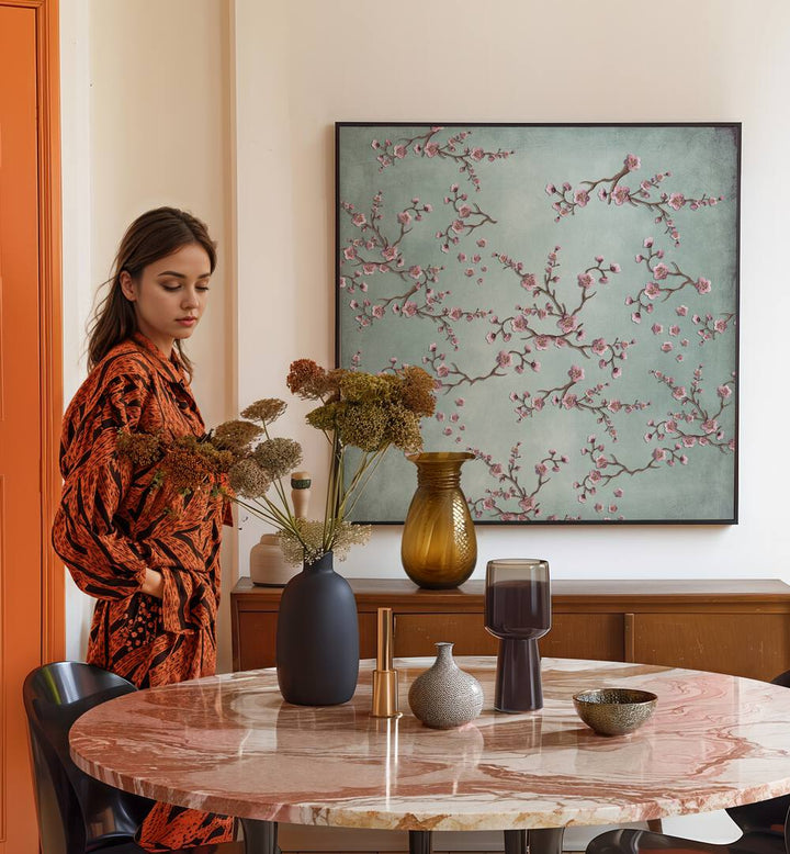 Elegant display of CHERRY BLOSSOMS II, FLORAL FLOWER PAINTINGS, enhancing a stylish interior with blooming beauty.