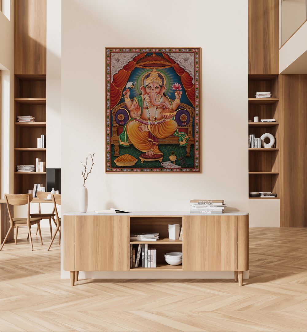 Exquisite SHRI GANESHA II, INDIAN ART PAINTINGS, showcasing the beloved deity Ganesha in vibrant colors and detail.