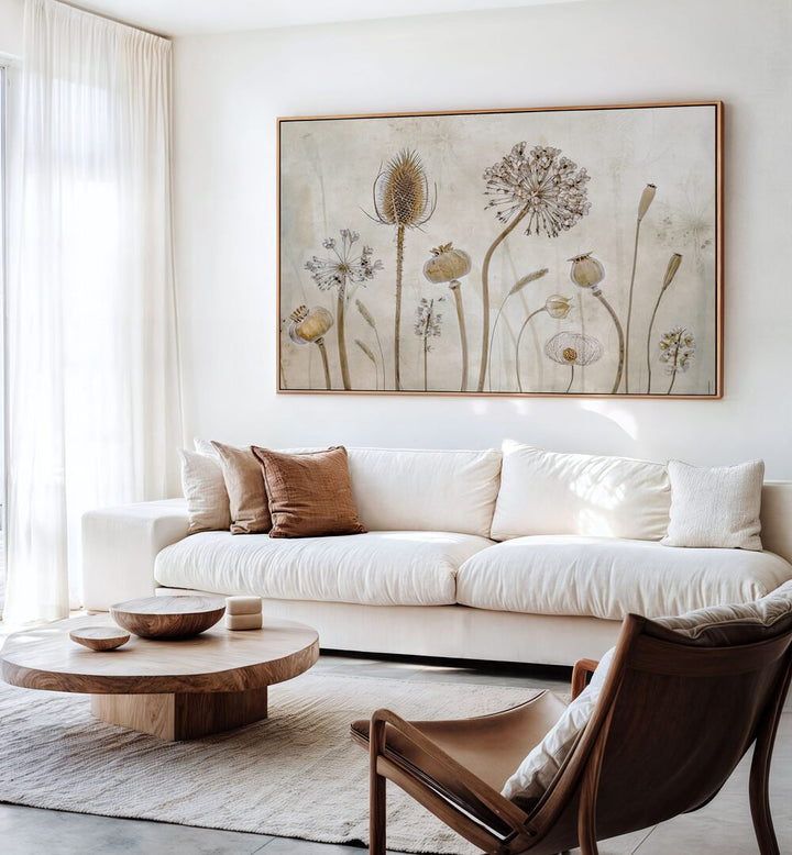 Elegant GROWING OLD, FLORAL FLOWER PAINTINGS adorns a minimalist living room, celebrating the beauty of aging.
