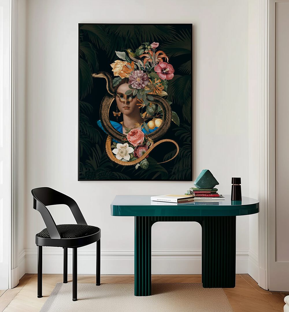 Elegant SNAKE PRINCESS, ALTERED ART PRINTS by Andrea Haase, featuring a captivating blend of fantasy and flora.