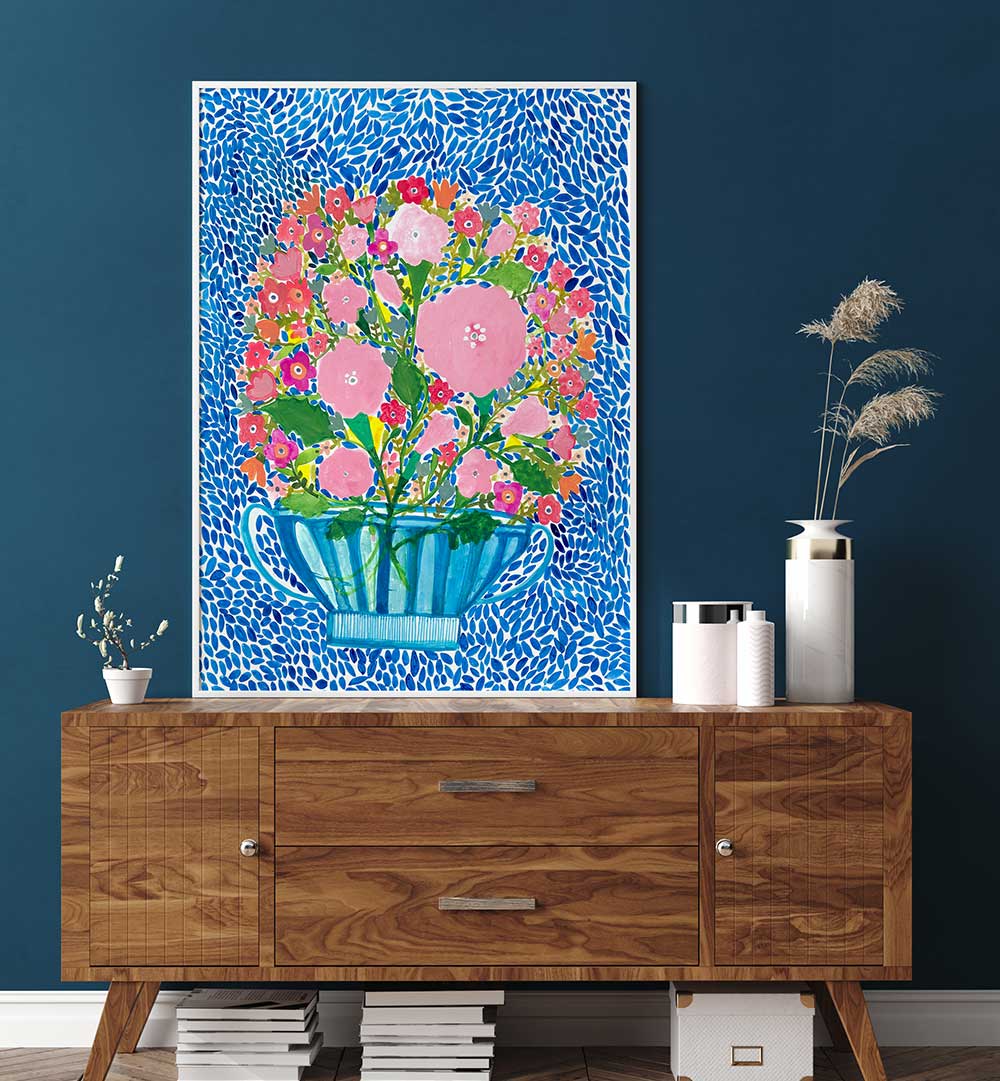 ROSES IN A BLUE VASE , FLORAL FLOWER PAINTINGS