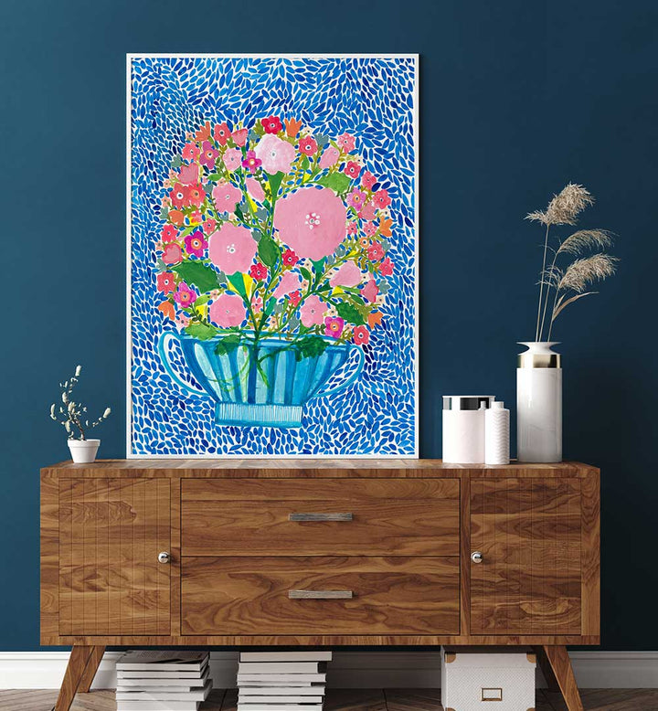 ROSES IN A BLUE VASE , FLORAL FLOWER PAINTINGS