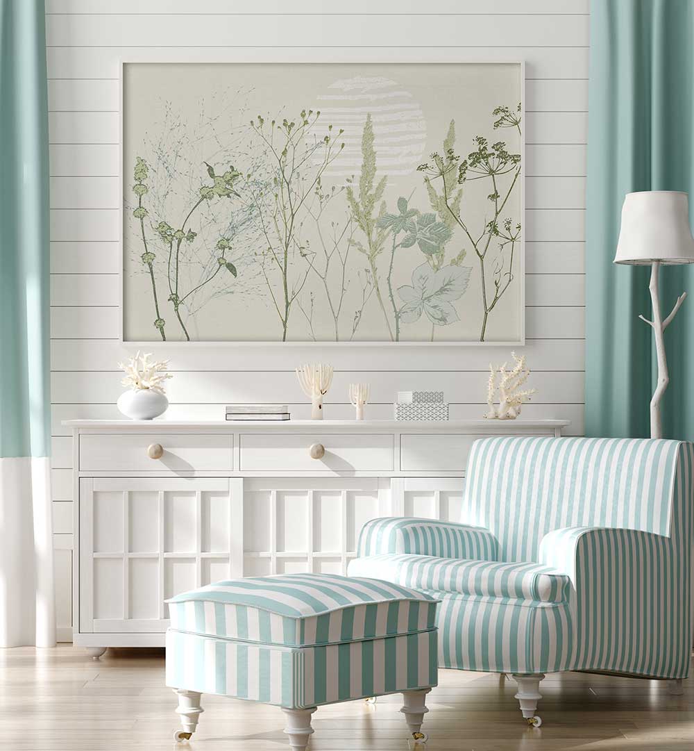 Serene interior featuring PLANT CALMING, FLORAL FLOWER PAINTINGS enhancing tranquility in a bright living space.